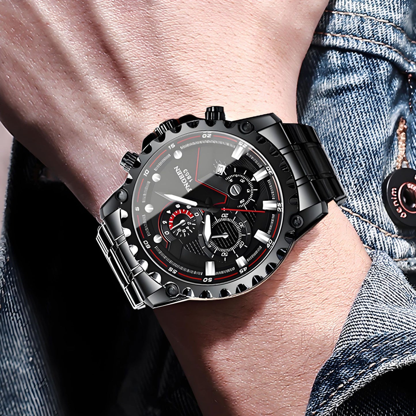 Men's Waterproof Sports Fashion Stainless Steel Watch (Popular with Online Influencers)Black Steel - Black Face